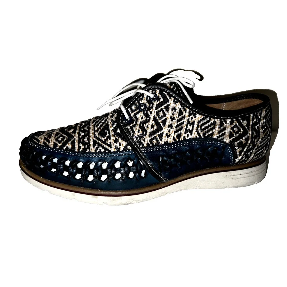 Huaraches Playera Men Navy Blue Woven Leather Geometric Lace Up Shoes Mexico